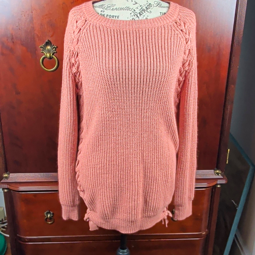 Miracle Pink Solid Knit Pullover Sweater M/L Scoop Neck Braided Side Tie